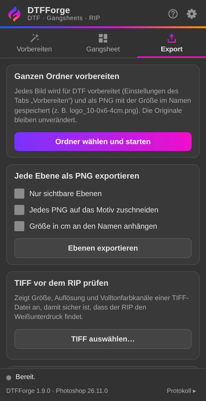 Export: ganzer Ordner, Ebenen und TIFF-Prüfung.