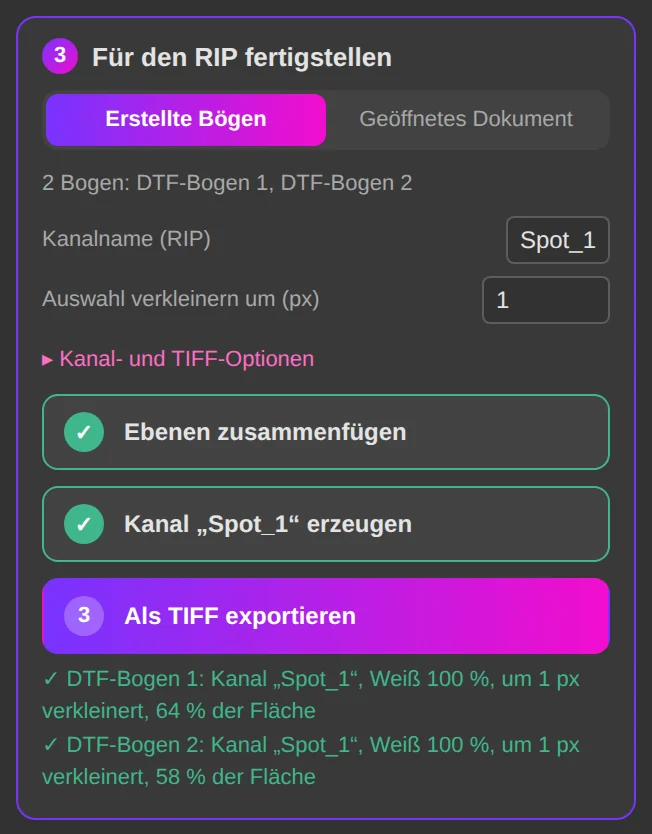 Für den RIP fertigstellen: die drei Schritte, jeweils abgehakt, sobald sie erledigt sind.