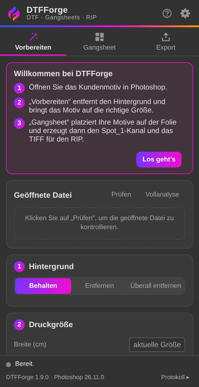 Das DTFForge-Bedienfeld beim ersten Start, mit dem Willkommenshinweis.