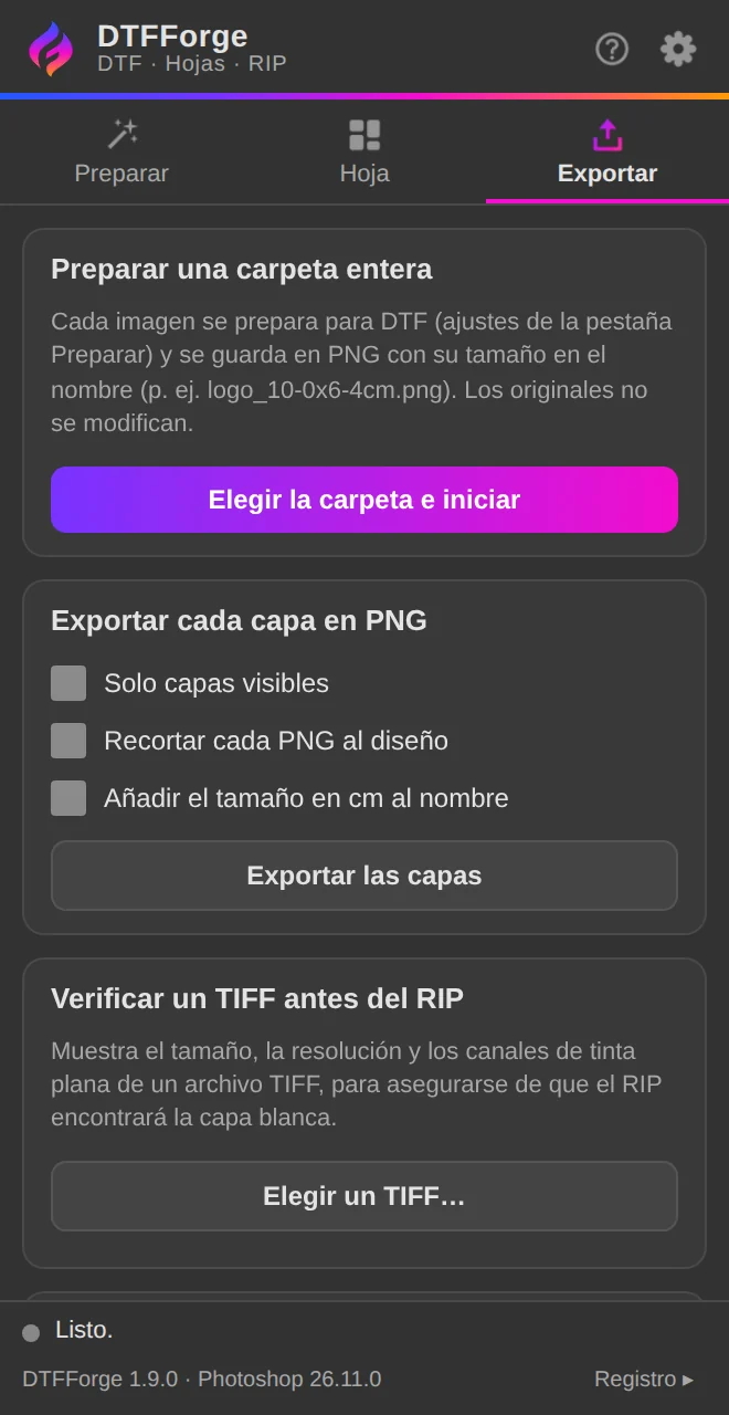 Exportar: carpeta entera, capas y verificación de un TIFF.