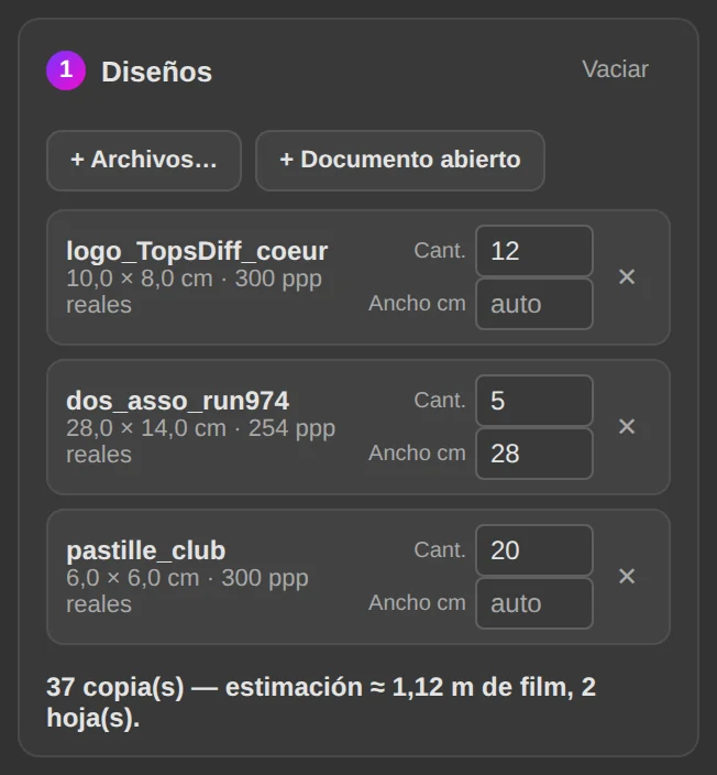 Hoja: diseños, cantidades y estimación del film.