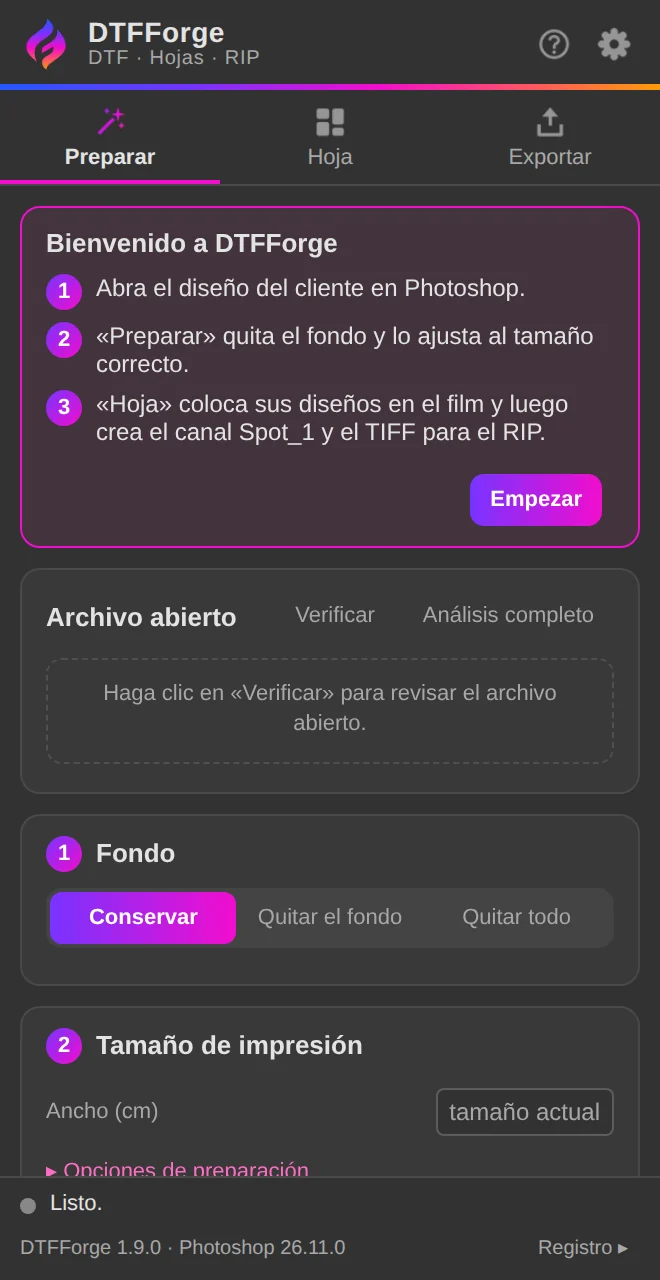 El panel DTFForge al abrirlo por primera vez, con la tarjeta de bienvenida.