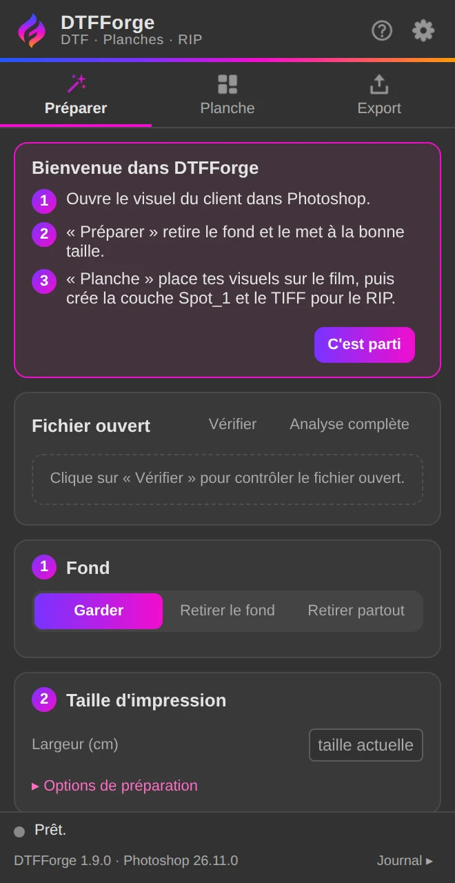 Le panneau DTFForge au premier lancement, avec la carte d'accueil.