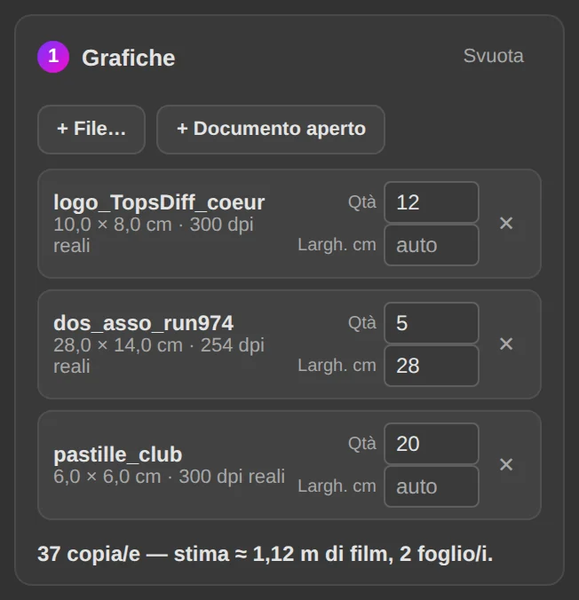 Foglio: grafiche, quantità e stima del film.