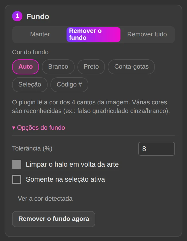 Preparar: remoção de fundo e opções.